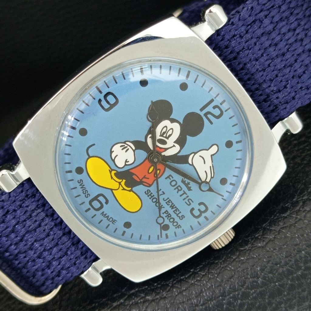 Vintage 1987 Square Disney Fortis Manual Mens Silver Watch W/Nato Strap